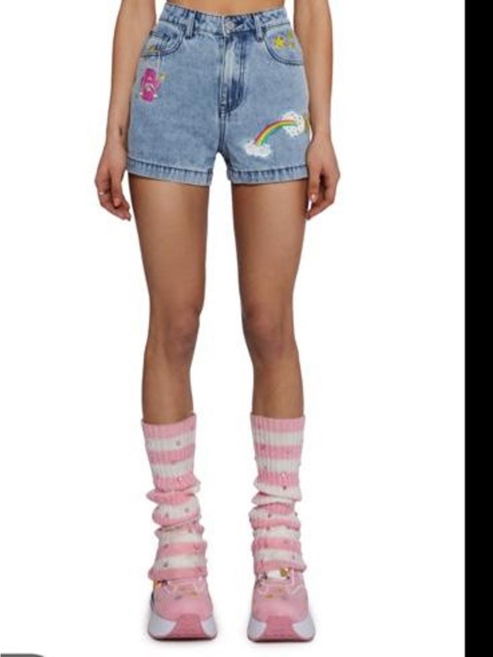 Dolls Kill Care Bear denim shorts with embroidered patches, size S